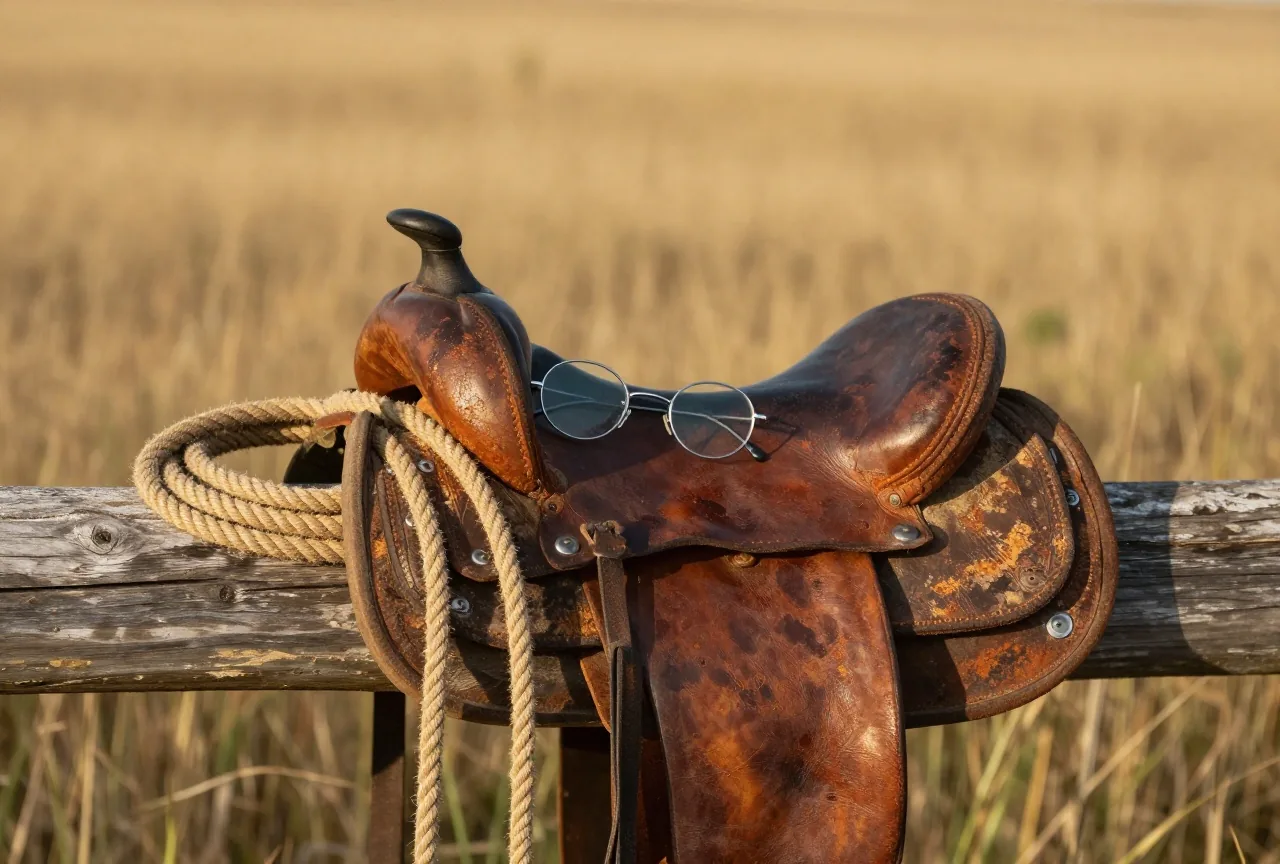 Kleine runde Drahtbrille auf einem abgenutzten Ledersattel neben einem aufgerollten Lasso, dahinter Präriegras im warmen Nachmittagslicht
