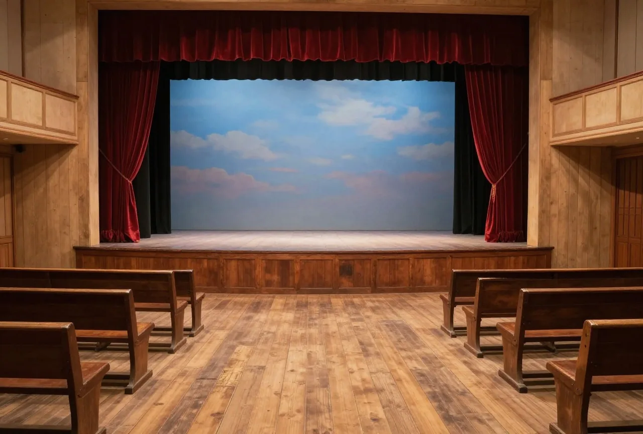 Leere Bühne eines kleinen Theaters aus dem 19. Jahrhundert mit zurückgebundenem rotem Samtvorhang, gemaltem Himmel als Hintergrund und Reihen von Holzstühlen im gedämpften Licht
