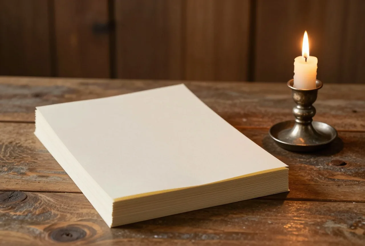 Stapel unbedruckter Papierbögen und ein Kerzenleuchter mit brennender Kerze auf einem rohen Holztisch im warmen Licht