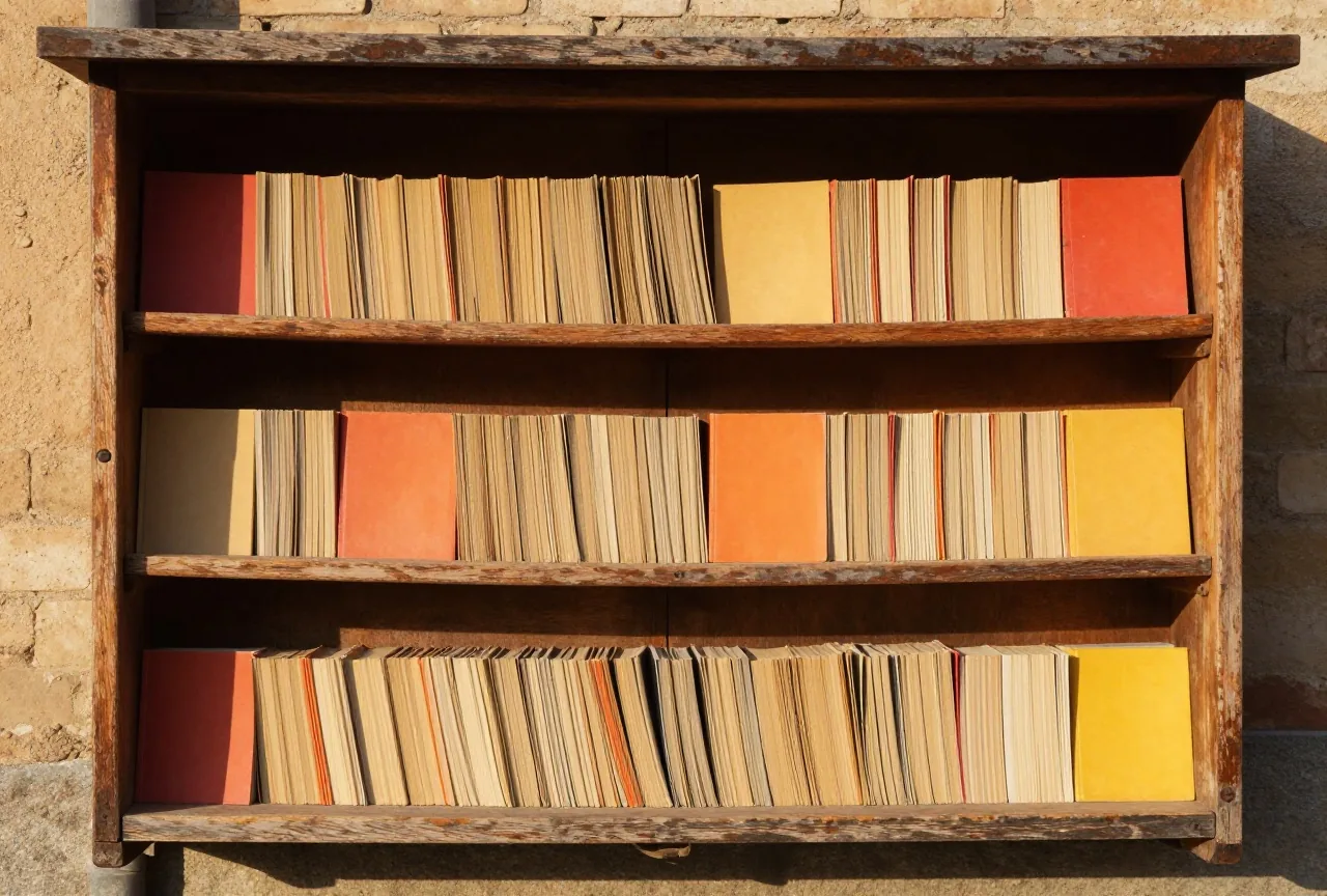Holzregal eines alten Zeitungsstands mit Reihen schmaler Papierhefte in verblassten Farben, ohne lesbare Schrift, im Licht der späten Nachmittagssonne