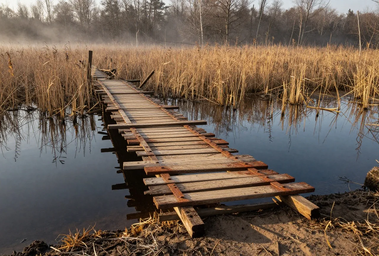 Verfallene Holzbrücke über einem schlammigen Sumpf mit Schilf, Nebel liegt über dem Wasser
