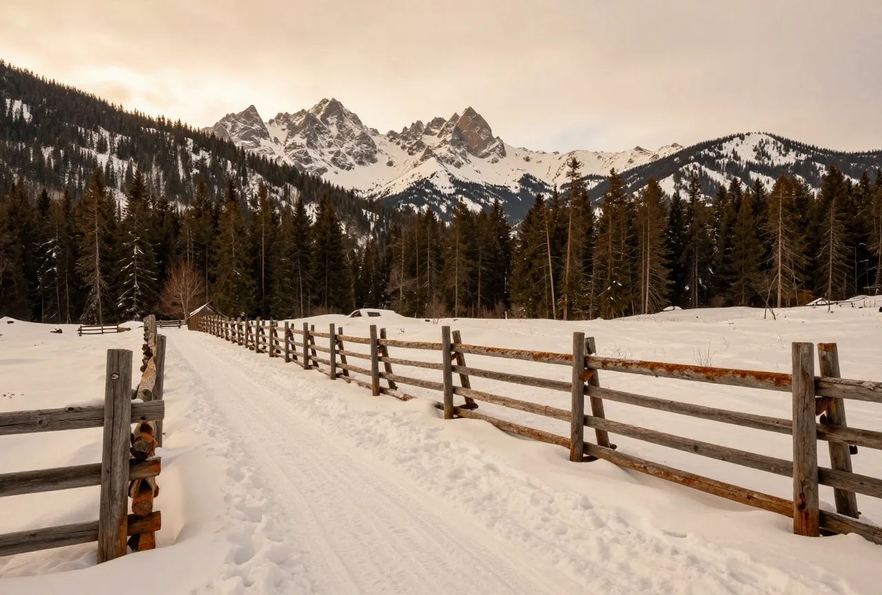 Verschneites Bergtal mit einem Holzzaun, Hufspuren im Schnee und dunklen Nadelwäldern vor hohen Gipfeln