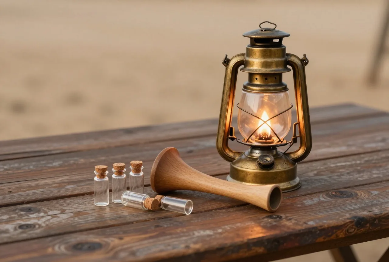 Petroleumlampe mit Messinggestell, kleine Glasfläschchen ohne Etikett und ein hölzernes Hörrohr auf einem rohen Holztisch im warmen Lampenlicht