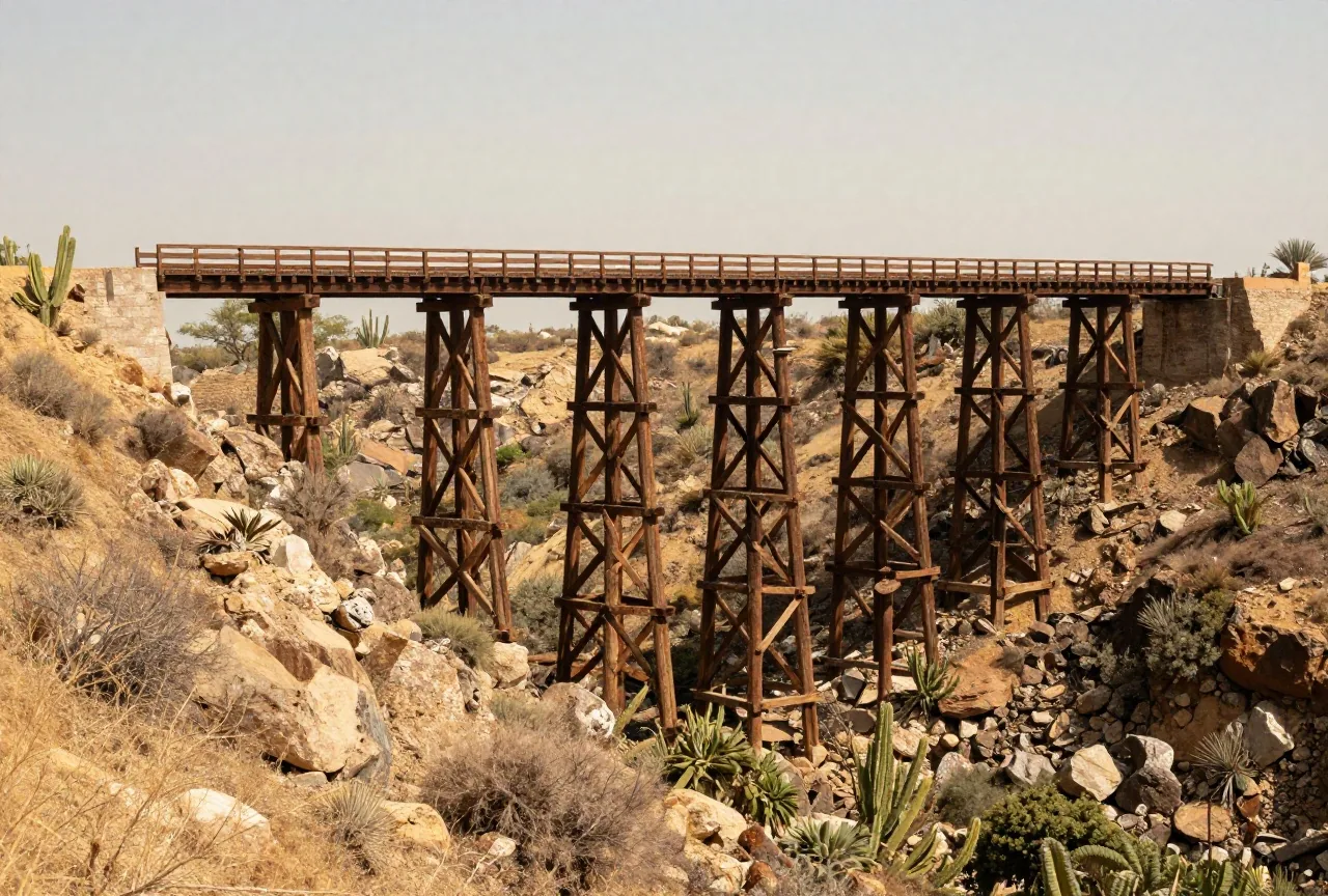 Hohe hölzerne Eisenbahnbrücke auf Gerüstpfeilern über einer trockenen, felsigen Schlucht, an den Hängen Büsche und Kakteen im warmen Nachmittagslicht