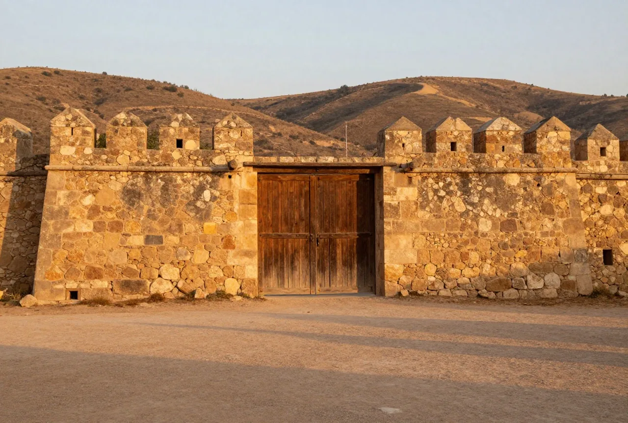Massive verwitterte Steinmauern eines alten Forts mit einem schweren, geschlossenen Holztor, davor ein staubiger Platz, dahinter trockene Hügel im goldenen Abendlicht