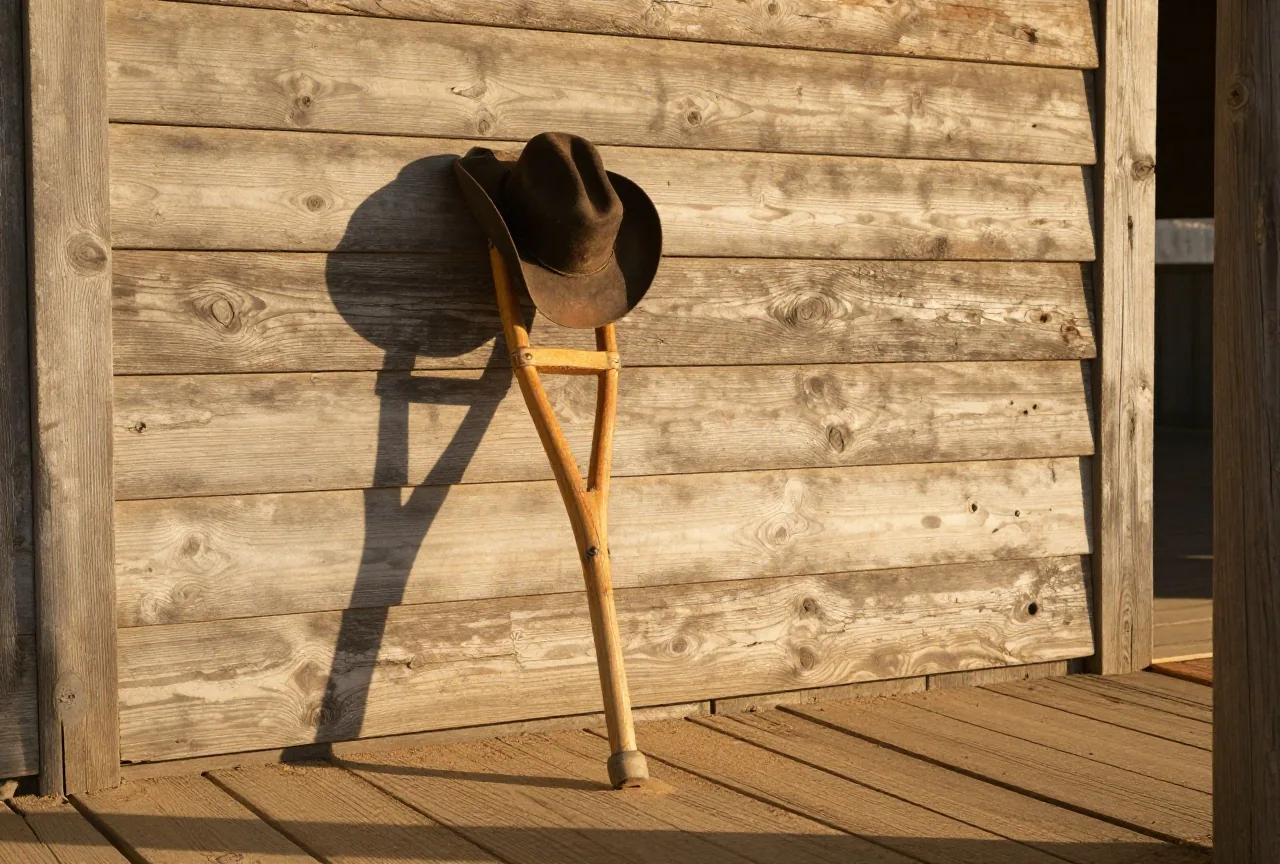 Eine hölzerne Krücke und ein abgetragener Cowboyhut lehnen an der Bretterwand eines Saloons, auf dem Boden der Veranda liegt Staub im schrägen Abendlicht