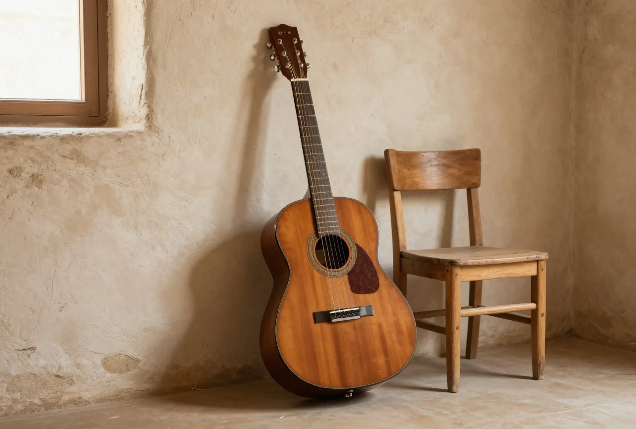 Alte Akustikgitarre aus Holz, an eine weiß gekalkte Lehmwand gelehnt, daneben ein schlichter Holzstuhl im warmen Licht eines Fensters