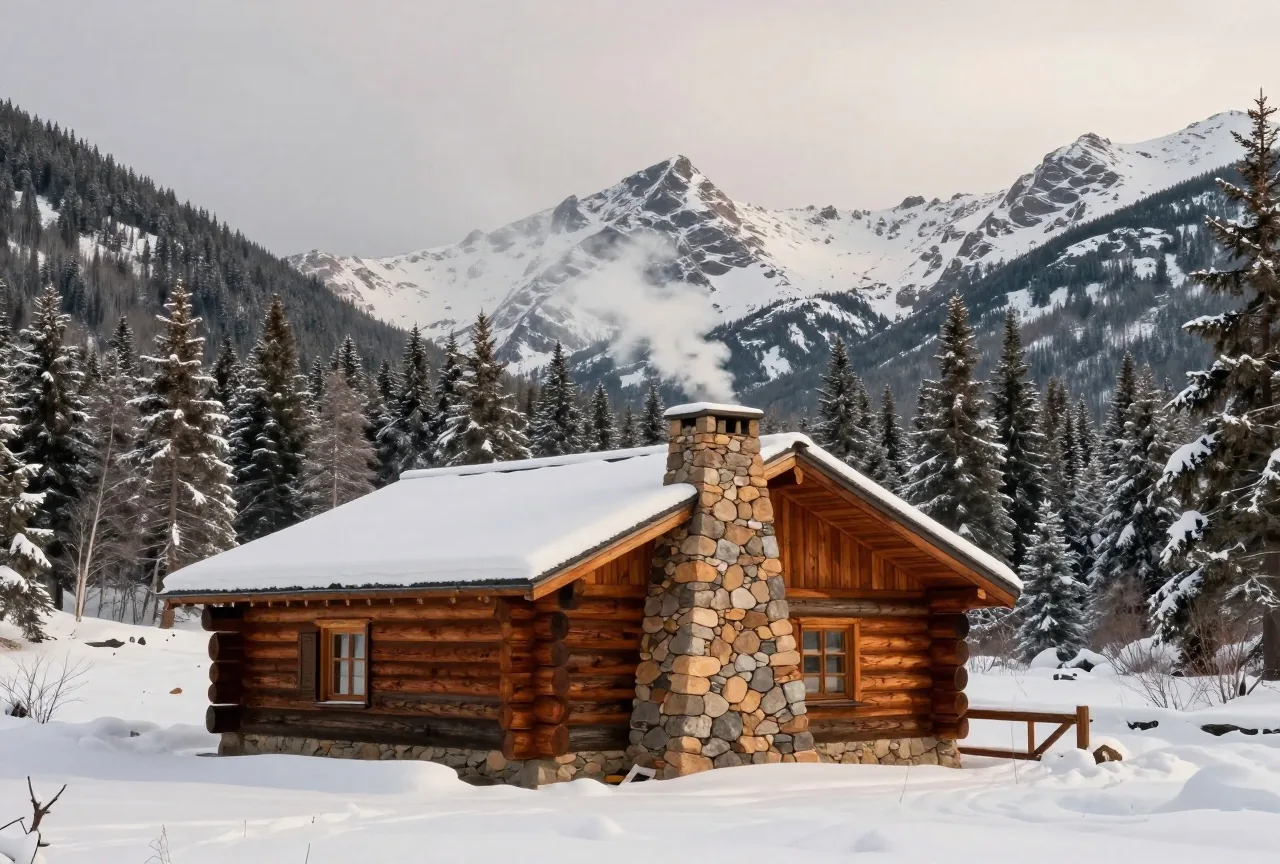 Verschneite Blockhütte mit rauchendem Schornstein in einem Hochtal der Rocky Mountains, dahinter verschneite Nadelwälder und Berge unter grauem Winterhimmel