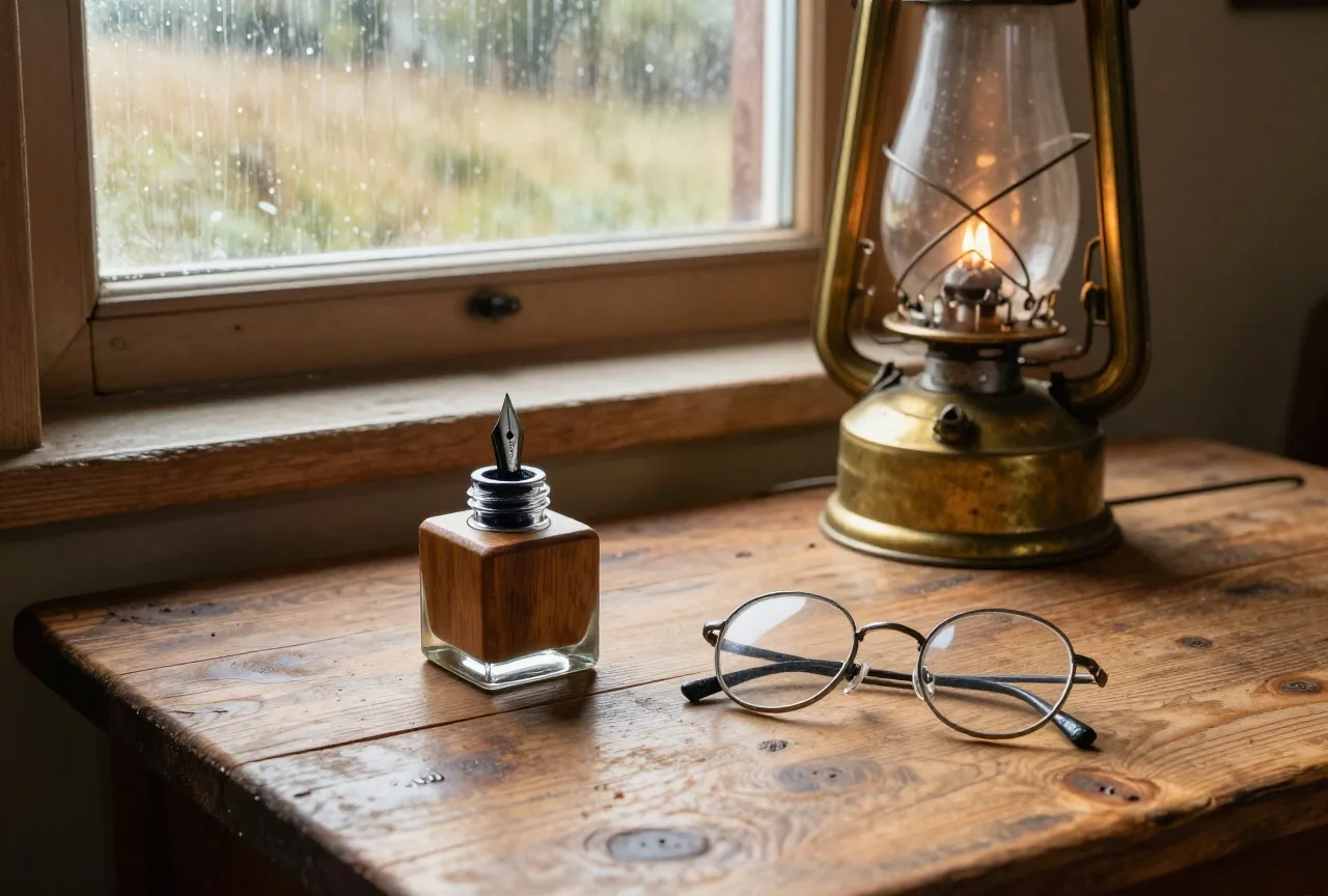 Tintenfass, Schreibfeder und eine Drahtbrille auf einem groben Holztisch neben einer Petroleumlampe, draußen läuft Regen am Fenster herab