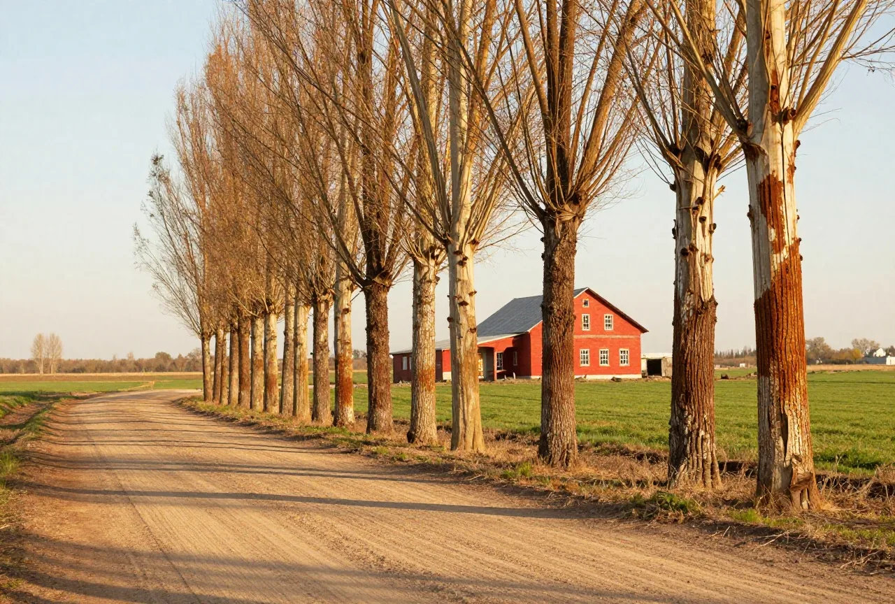 Reihe hoher Pappeln an einem Feldweg, dahinter ein altes Bauernhaus aus Backstein in einer flachen grünen Ebene im warmen Licht des späten Nachmittags
