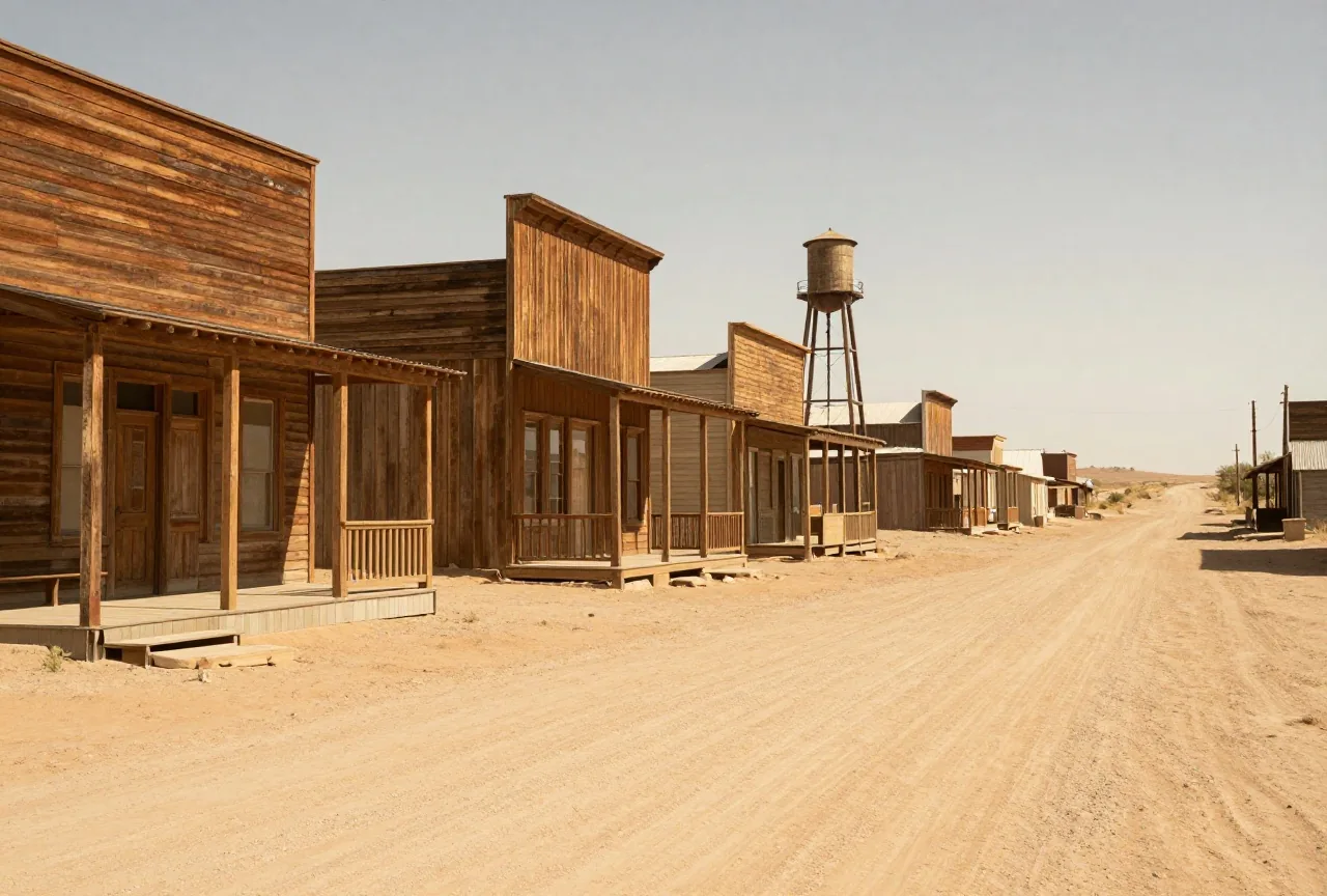 Leere Straße einer hölzernen Westernstadt ohne Schilder in einer Wüstenlandschaft, Holzveranden und ein Wasserturm im warmen Nachmittagslicht