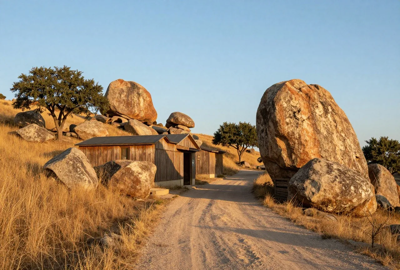 Granitfelsen, Steineichen und trockenes Gras in einer hügeligen Landschaft, dazwischen eine leere hölzerne Westernstraße im Nachmittagslicht
