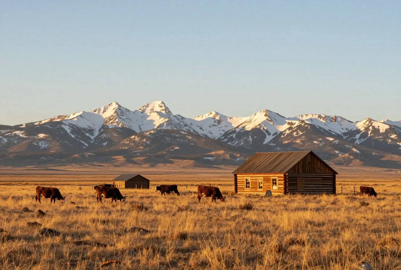 Weites Grasland mit verstreuten Rindern und einem niedrigen Ranchhaus aus Rundholz, dahinter schneebedeckte Berge unter einem hohen Himmel im warmen Abendlicht