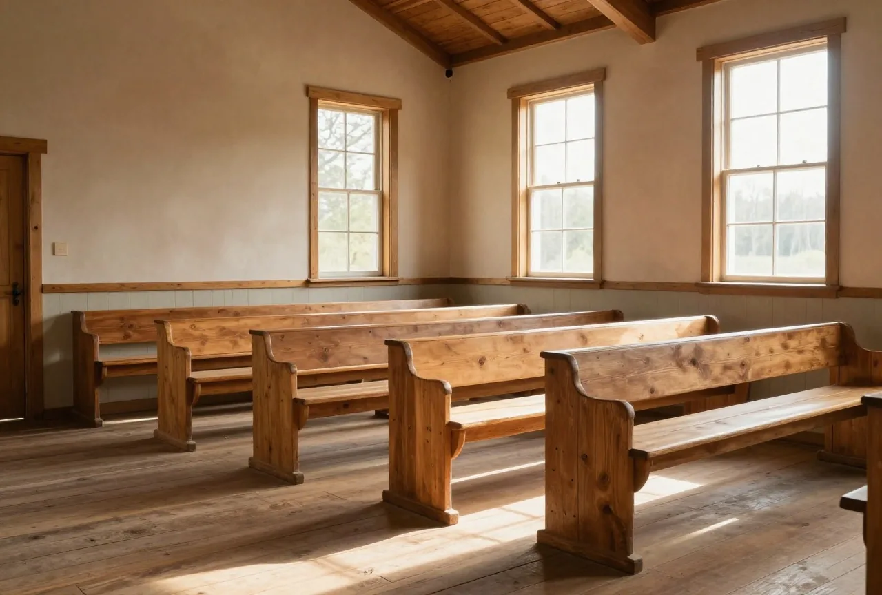 Schlichter Innenraum einer kleinen Holzkirche mit leeren Bankreihen, Sonnenlicht fällt durch einfache Fenster auf den Bretterboden