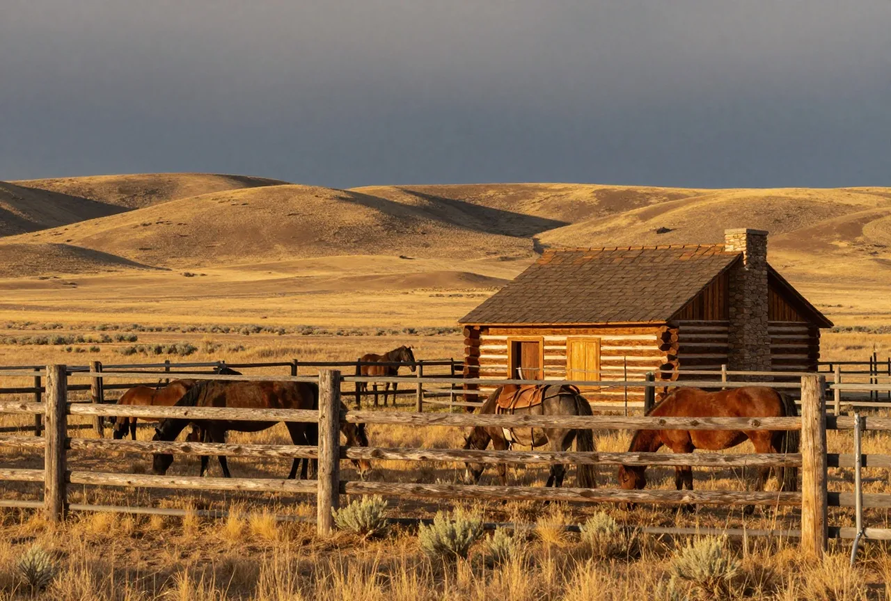 Pferdekoppel aus groben Wacholderpfosten in der Prärie von New Mexico, mehrere Pferde grasen, daneben eine einfache Holzhütte mit Steinkamin, am Himmel trockene Gewitterwolken im warmen Abendlicht