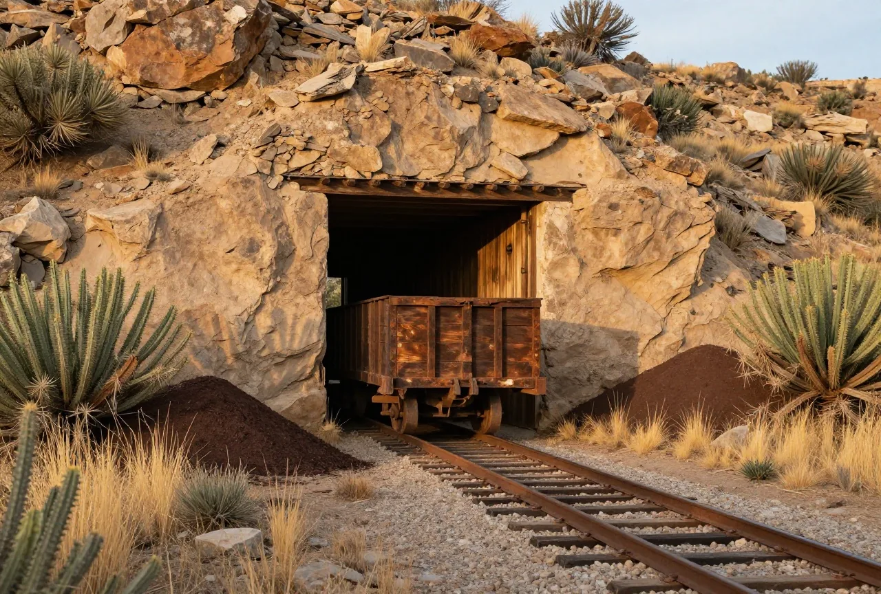 Mit Holz abgestützter Stolleneingang einer verlassenen Silbermine an einem felsigen Hang im Südwesten von New Mexico, davor ein Erzwagen auf schmalen Schienen und Abraumhalden zwischen Kreosotbüschen im warmen Nachmittagslicht