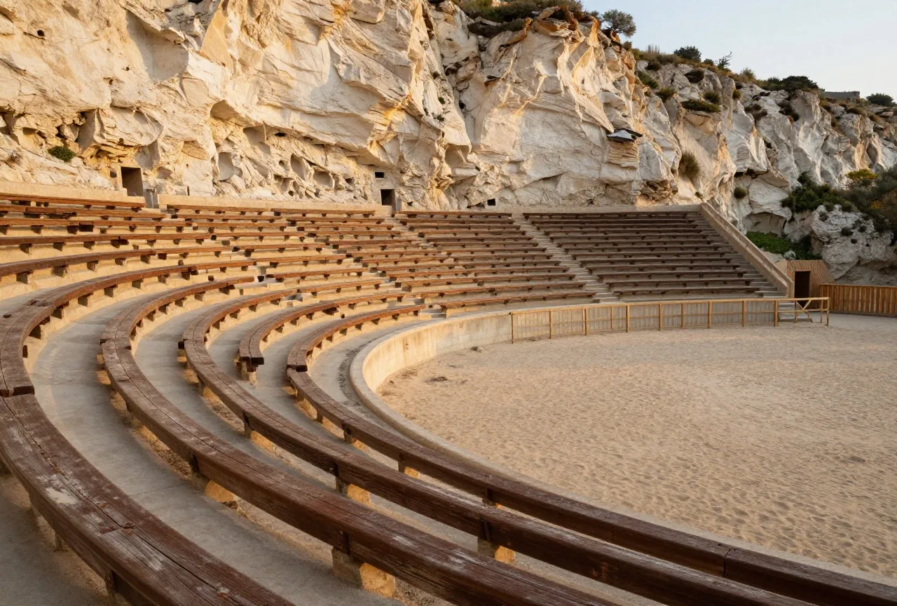 Halbrunde Freilichtbühne vor einer hellen Felswand, leere Holzbänke in Reihen und eine staubige Arena im goldenen Abendlicht
