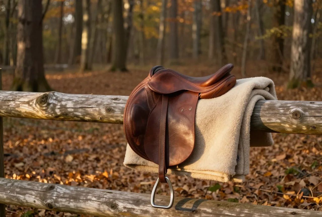 Hölzerner Zaun an einem Waldrand, darauf ein einfacher Ledersattel und eine gefaltete Wolldecke, dahinter Laubwald im Herbstlicht