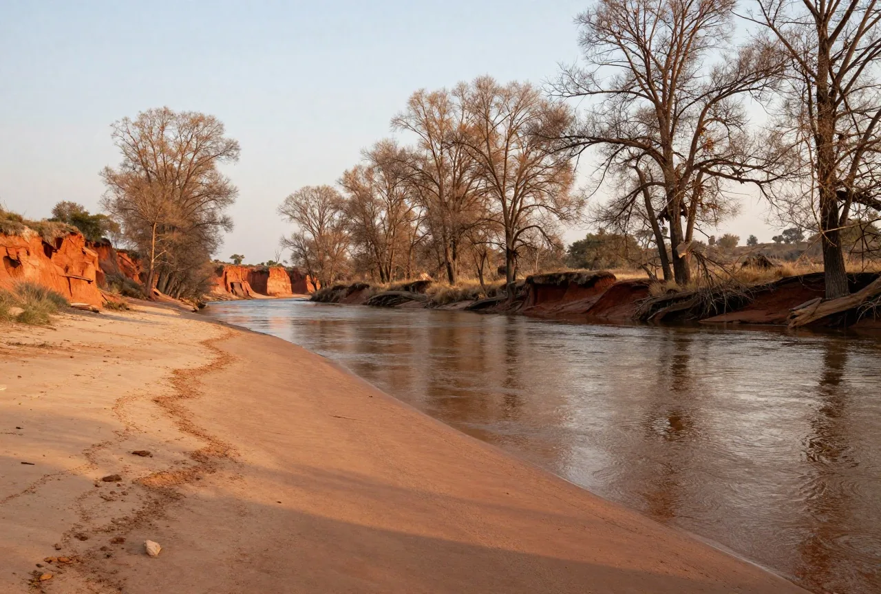Seichte Furt eines Flusses mit sandigen Ufern und Pappeln in der Prärie von Texas im warmen Abendlicht