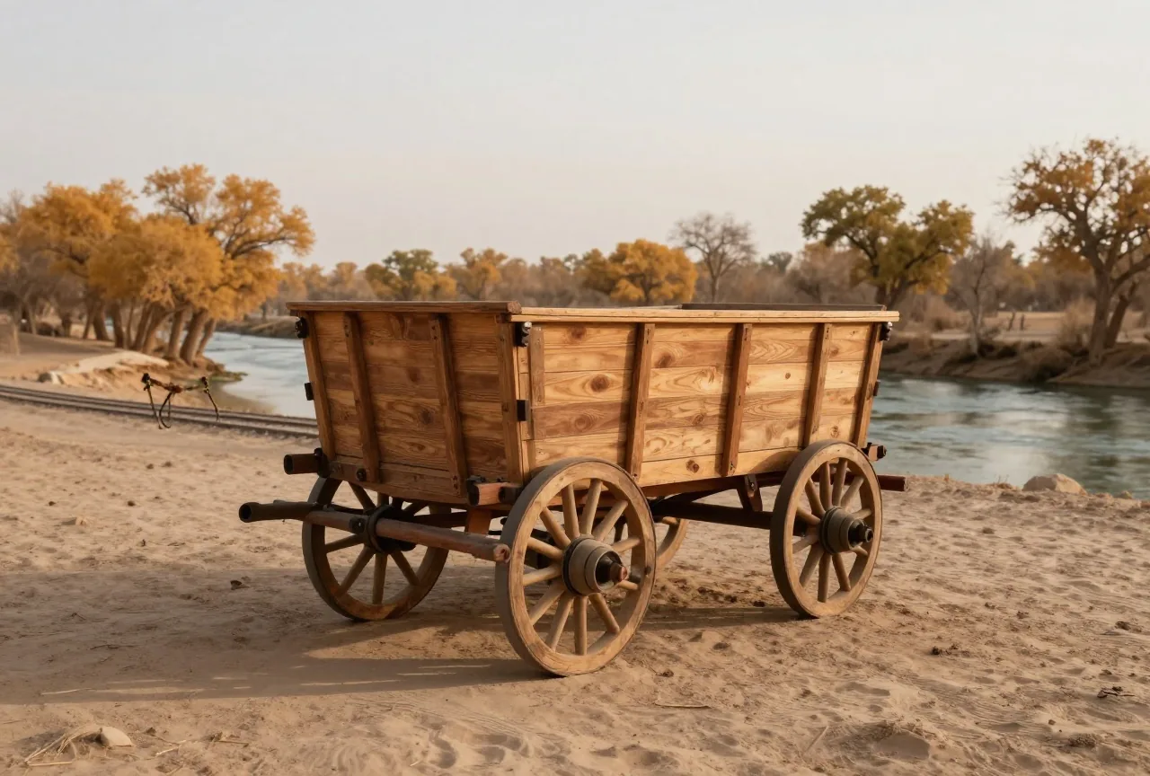 Leerer Holzwagen mit hohen Speichenrädern auf einer staubigen Wüstenpiste, daneben ein Fluss mit Pappeln im warmen Abendlicht