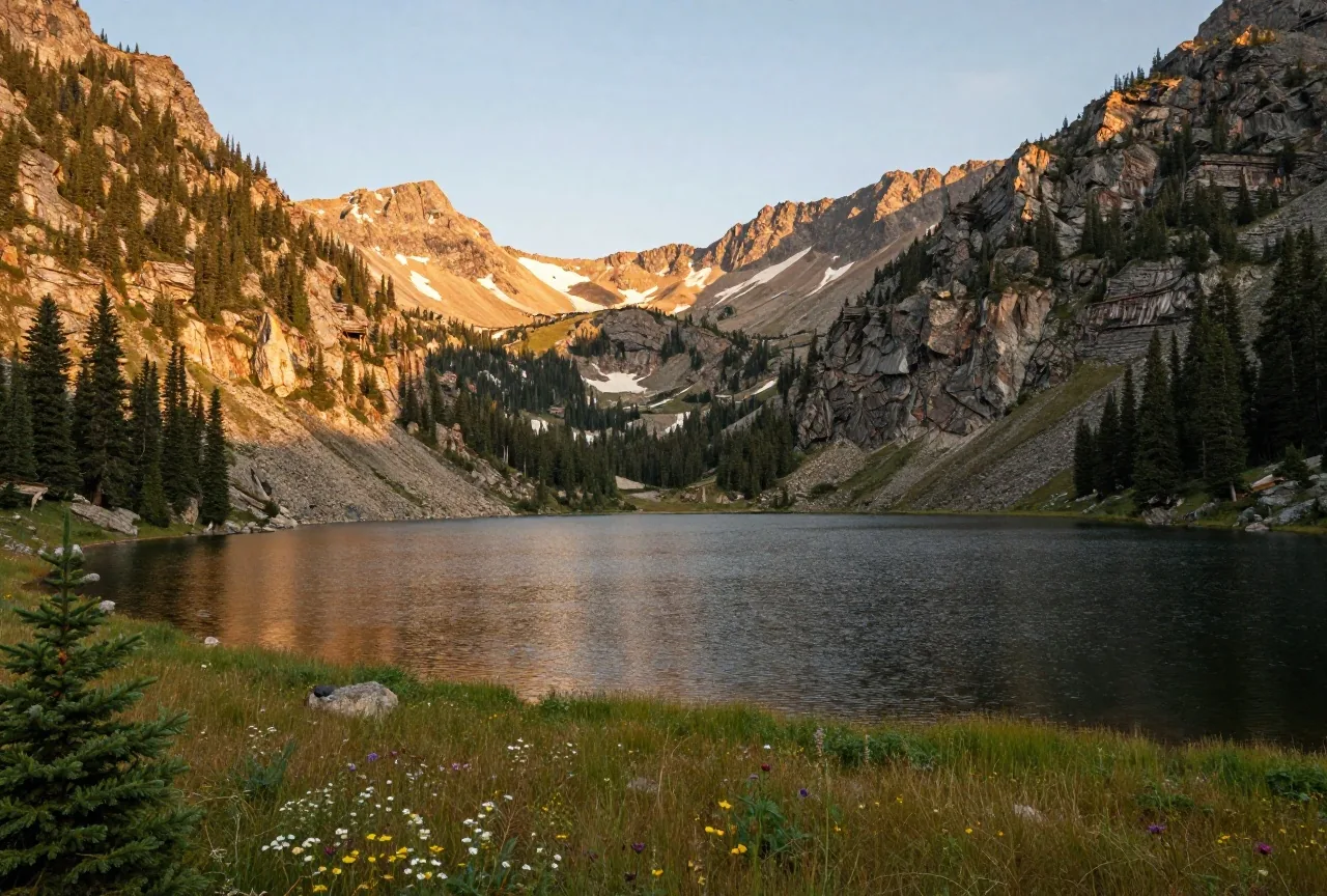 Ruhiger Bergsee zwischen bewaldeten Hängen und schroffen Gipfeln in Montana, am Ufer eine Wiese mit Wildblumen im Nachmittagslicht