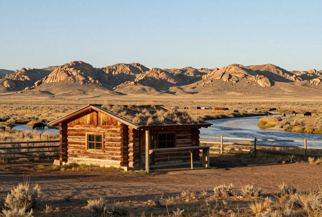 Kleiner Laden aus verwittertem Holz mit Blockstall und eingezäunter Weide an einem flachen Fluss in der Salbeiebene von Wyoming, einige Rinder grasen