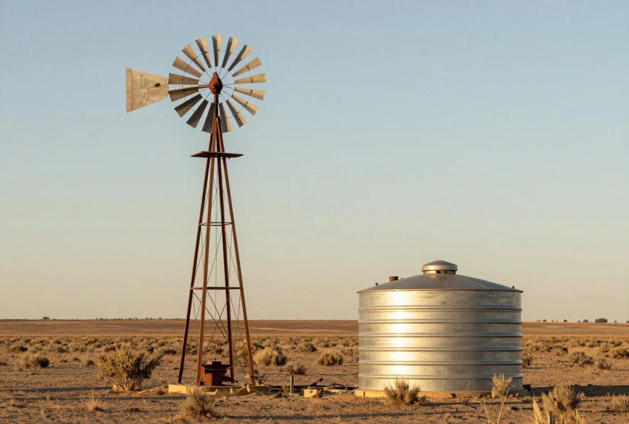 Windrad und runder Wassertank aus Metall auf einer trockenen Rinderweide mit vereinzelten Büschen, dahinter ein weiter Horizont im Abendlicht