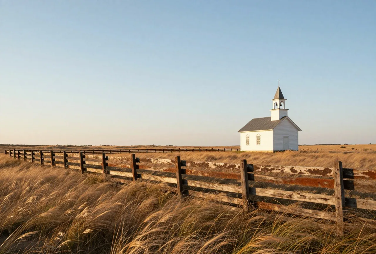 Weite Prärie mit hohem Gras im Wind, ein einzelner Holzzaun und eine kleine Holzkirche mit Glockenturm unter weitem Himmel am späten Nachmittag