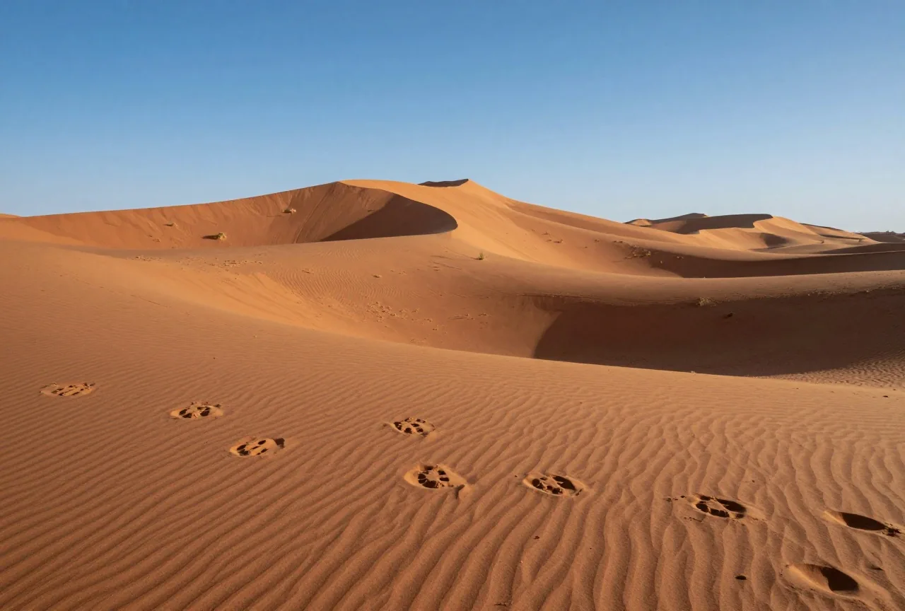 Hohe, rötliche Sanddünen mit scharfen Kämmen in einer marokkanischen Wüste, im Vordergrund Pferdespuren im Sand, darüber ein klarer Himmel im späten Nachmittagslicht