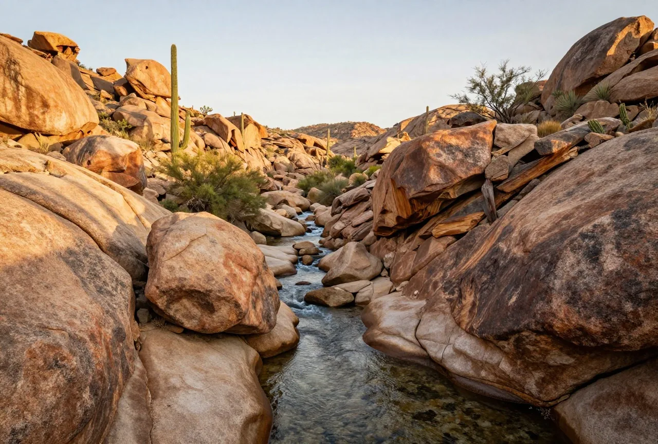 Felsige Schlucht mit einem klaren Bach zwischen runden Granitblöcken, an den Hängen Saguaro-Kakteen und Mesquitesträucher im warmen Licht des späten Nachmittags