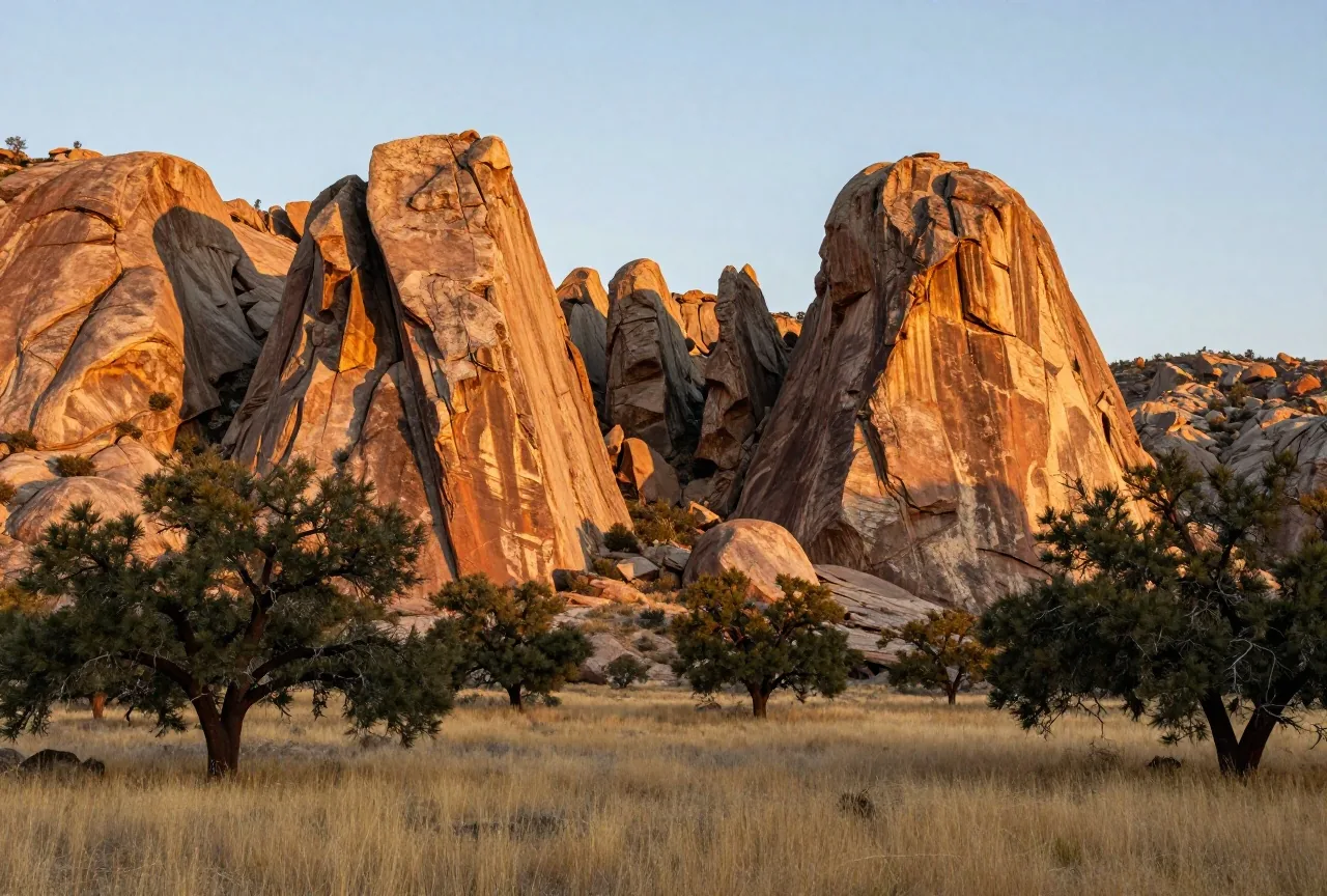 Hohe Felstürme aus Granit über einem Tal mit Eichen und trockenem Gras in den Bergen im Südosten Arizonas, goldenes Abendlicht