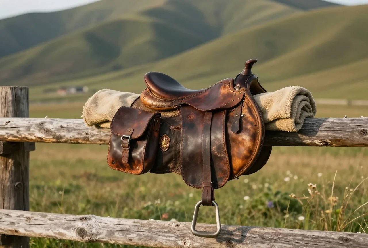 Lederner Kavalleriesattel mit Satteltaschen und einer gerollten Wolldecke auf einem Holzzaun vor einer grünen Bergwiese