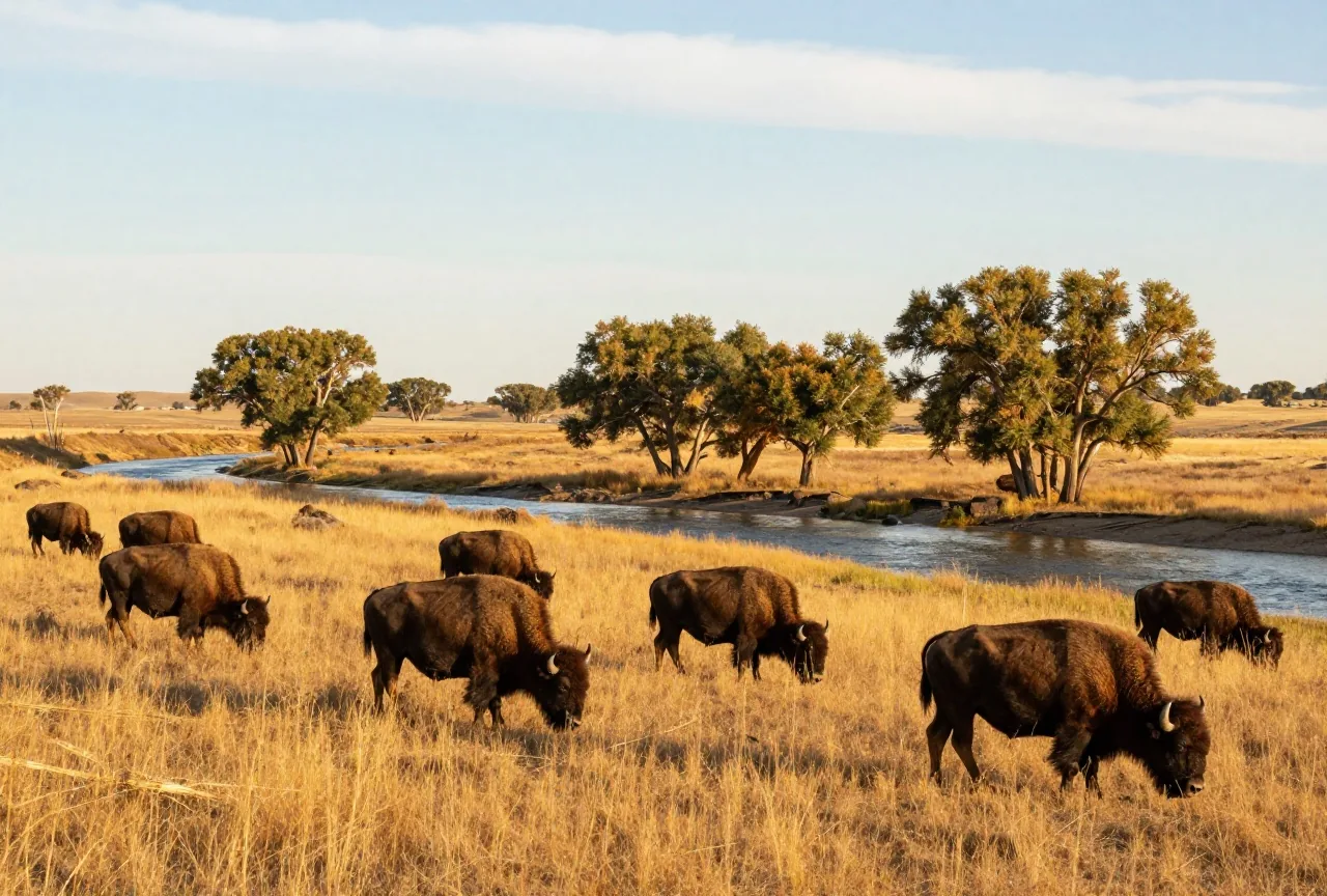 Bisonherde grast auf hügeligem Grasland an einem Fluss, an dessen Ufer Pappeln stehen, im Licht der späten Nachmittagssonne