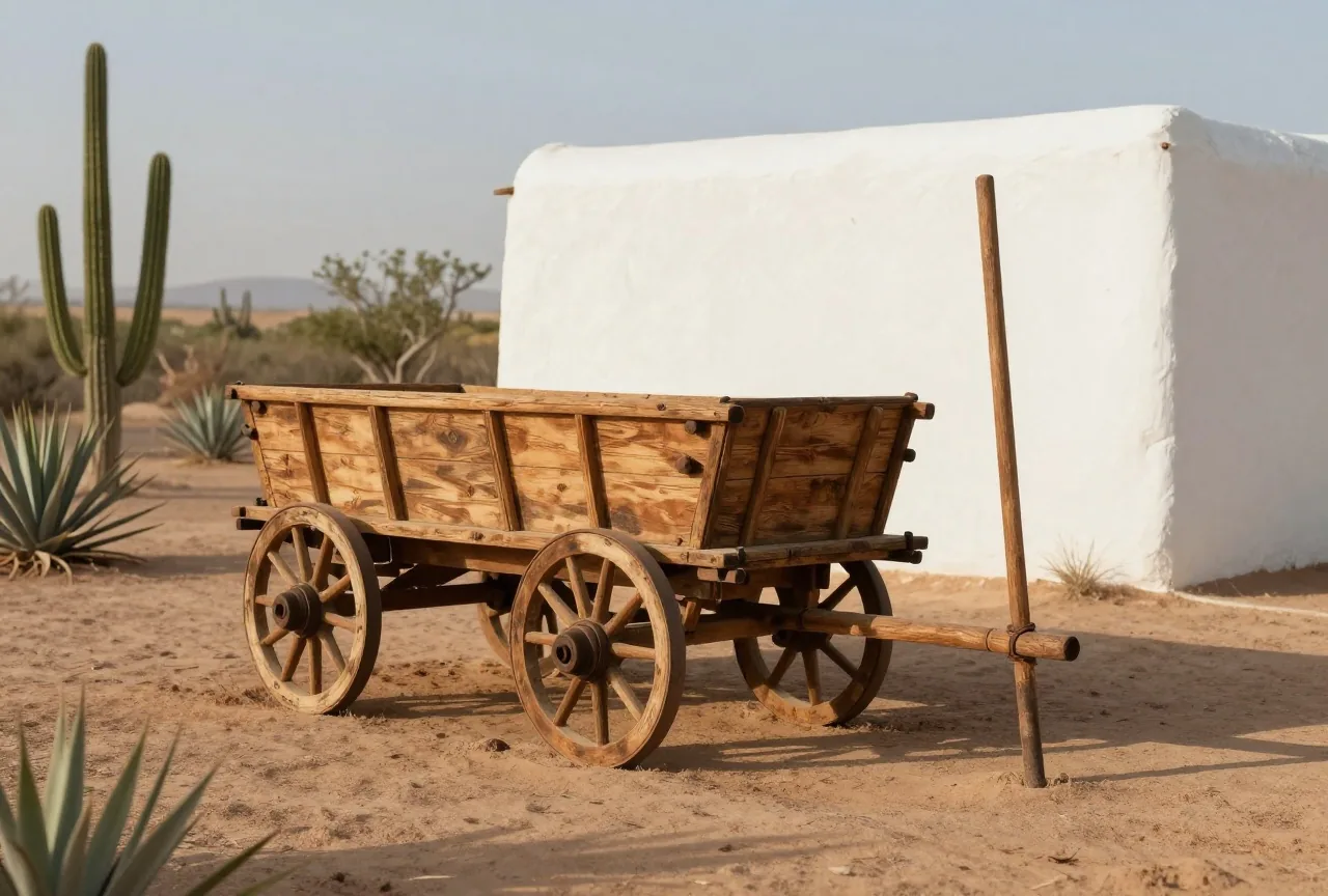 Hölzerner Pferdewagen mit Speichenrädern vor einer weißgekalkten Lehmhütte in einer Wüste mit Kakteen und Agaven, harte Schatten im Licht der späten Nachmittagssonne