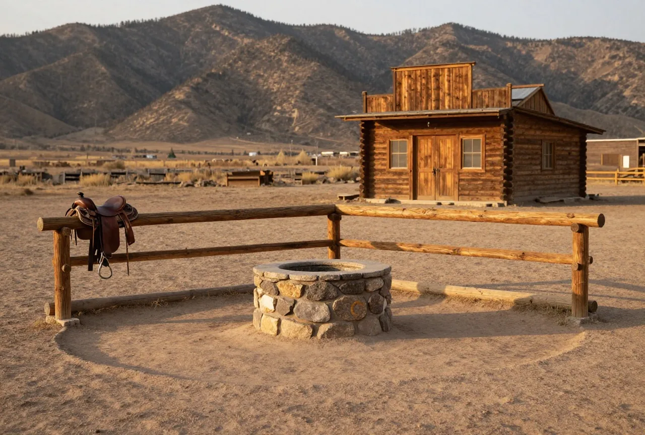 Leerer Platz einer kleinen Westernstadt aus Holz mit Brunnen und Pferdetränke, im Hintergrund kahle Berge, ein einzelner Sattel auf einem Holzgeländer im Licht der späten Nachmittagssonne