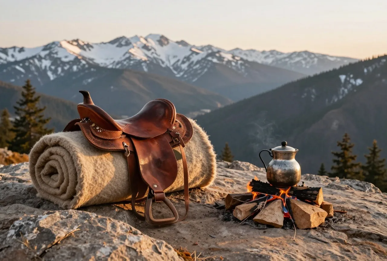 Ledersattel, eine eingerollte Wolldecke und eine Kaffeekanne neben einer Feuerstelle aus Steinen auf einem Felsvorsprung hoch in den Bergen, dahinter Kiefernwald und verschneite Gipfel im goldenen Licht