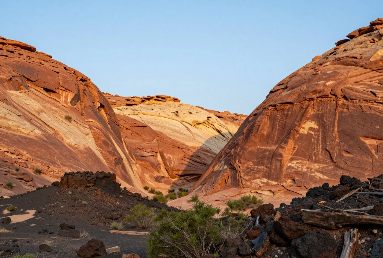 Rote und helle Sandsteinwände eines Canyons mit dunklem Lavagestein und grünen Sträuchern im Vordergrund