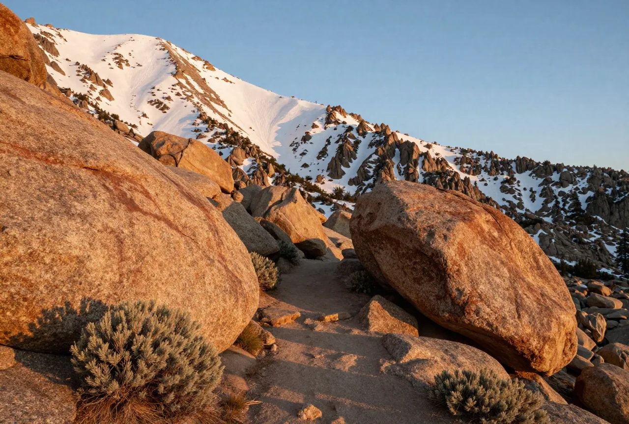 Runde Granitfelsen und Beifußbüsche vor dem steilen, schneebedeckten Ostrand der Sierra Nevada, dazwischen ein schmaler Feldweg im goldenen Nachmittagslicht