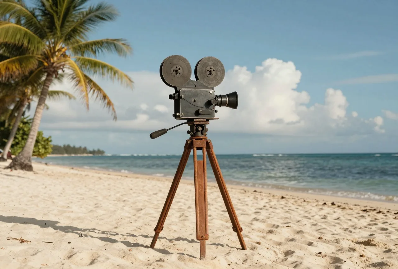 Eine alte Filmkamera aus Metall auf einem Holzstativ am Sandstrand einer flachen Koralleninsel, dahinter Palmen und das tiefblaue Meer unter Haufenwolken
