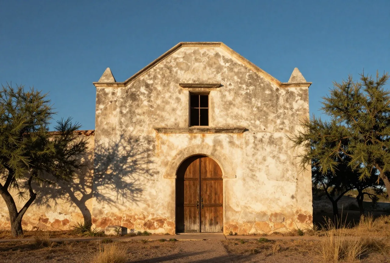 Weiß gekalkte Kalksteinmauern einer alten spanischen Mission mit gewölbtem Eingang zwischen Mesquite-Büschen unter tiefblauem Himmel am späten Nachmittag
