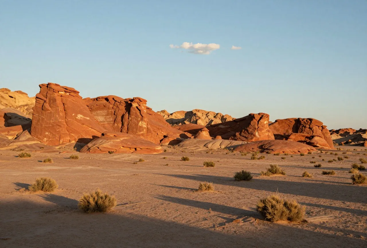 Rote Sandsteinfelsen ragen aus einer weiten Wüstenebene mit Beifuß, lange Schatten im Abendlicht