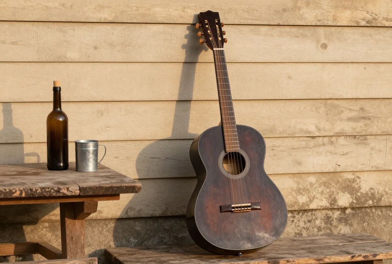 Akustische Gitarre an einer verwitterten Holzwand, daneben ein Tisch mit einer Flasche ohne Etikett und einem Blechbecher im schrägen Nachmittagslicht