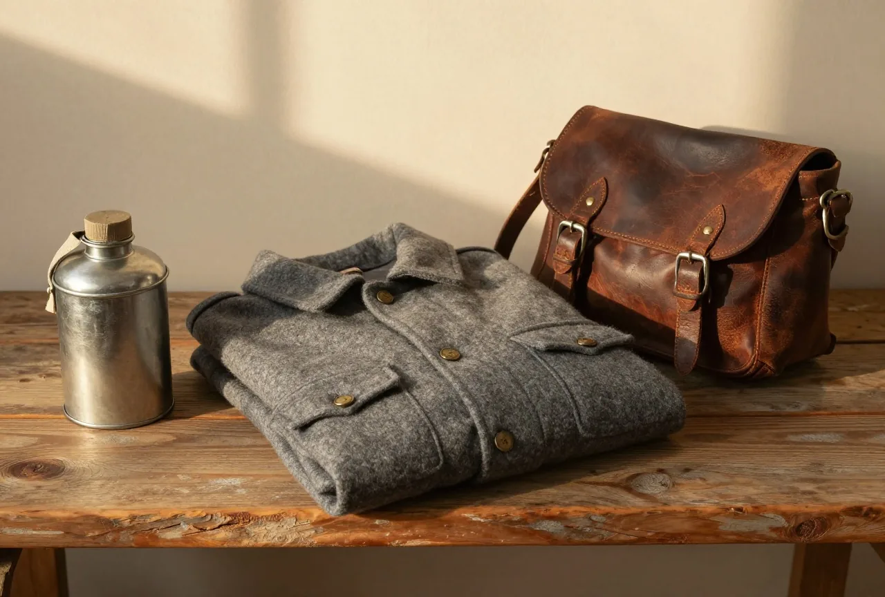 Zusammengefaltete graue Uniformjacke aus Wolle mit Messingknöpfen auf einer rohen Holzbank, daneben eine verbeulte Blechfeldflasche und eine Satteltasche im Nachmittagslicht