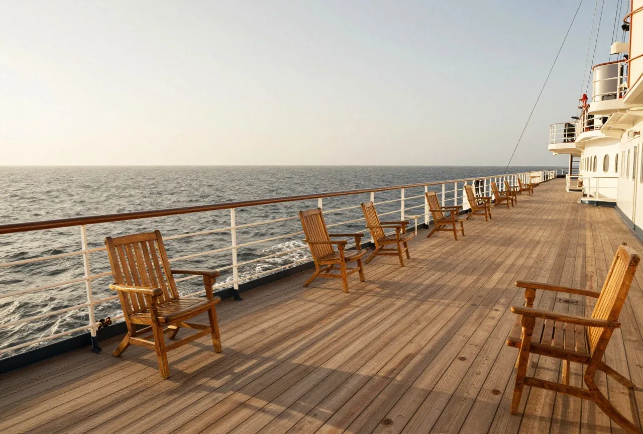 Promenadendeck aus Teakholz eines Überseedampfers um 1900 mit Liegestühlen und Messinggeländer, dahinter graue Atlantikwellen unter weitem Himmel