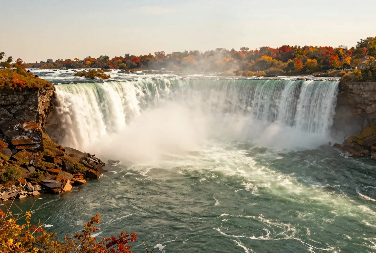 Die Hufeisenfälle des Niagara vom kanadischen Ufer im Herbst, weiße Gischt über grünem Wasser, Bäume in Rot und Gold im späten Nachmittagslicht