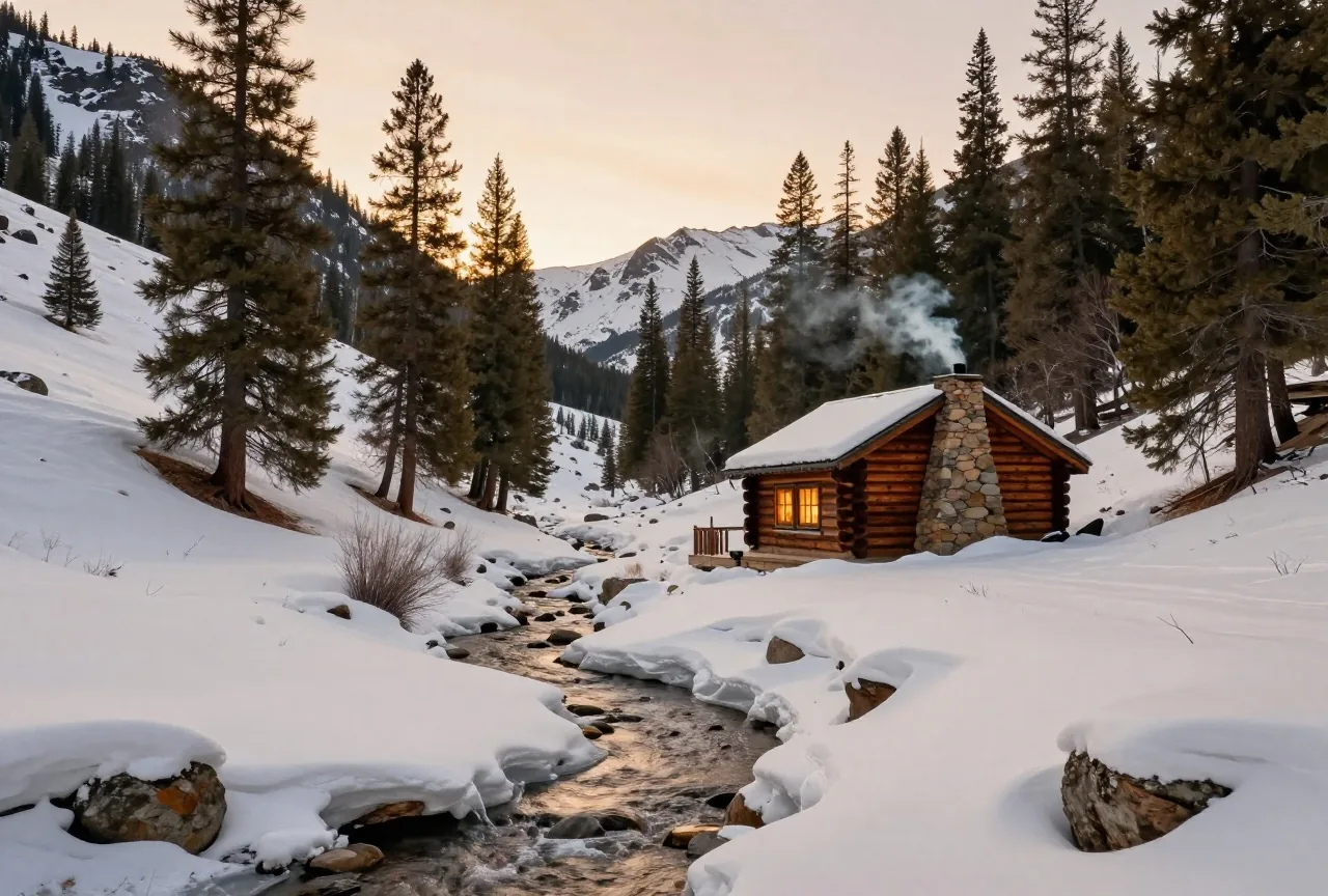 Verschneites Gebirgstal in den Rocky Mountains in der Abenddämmerung mit gefrorenem Bach, Kiefern und einer einzelnen Blockhütte, aus deren Schornstein Rauch steigt