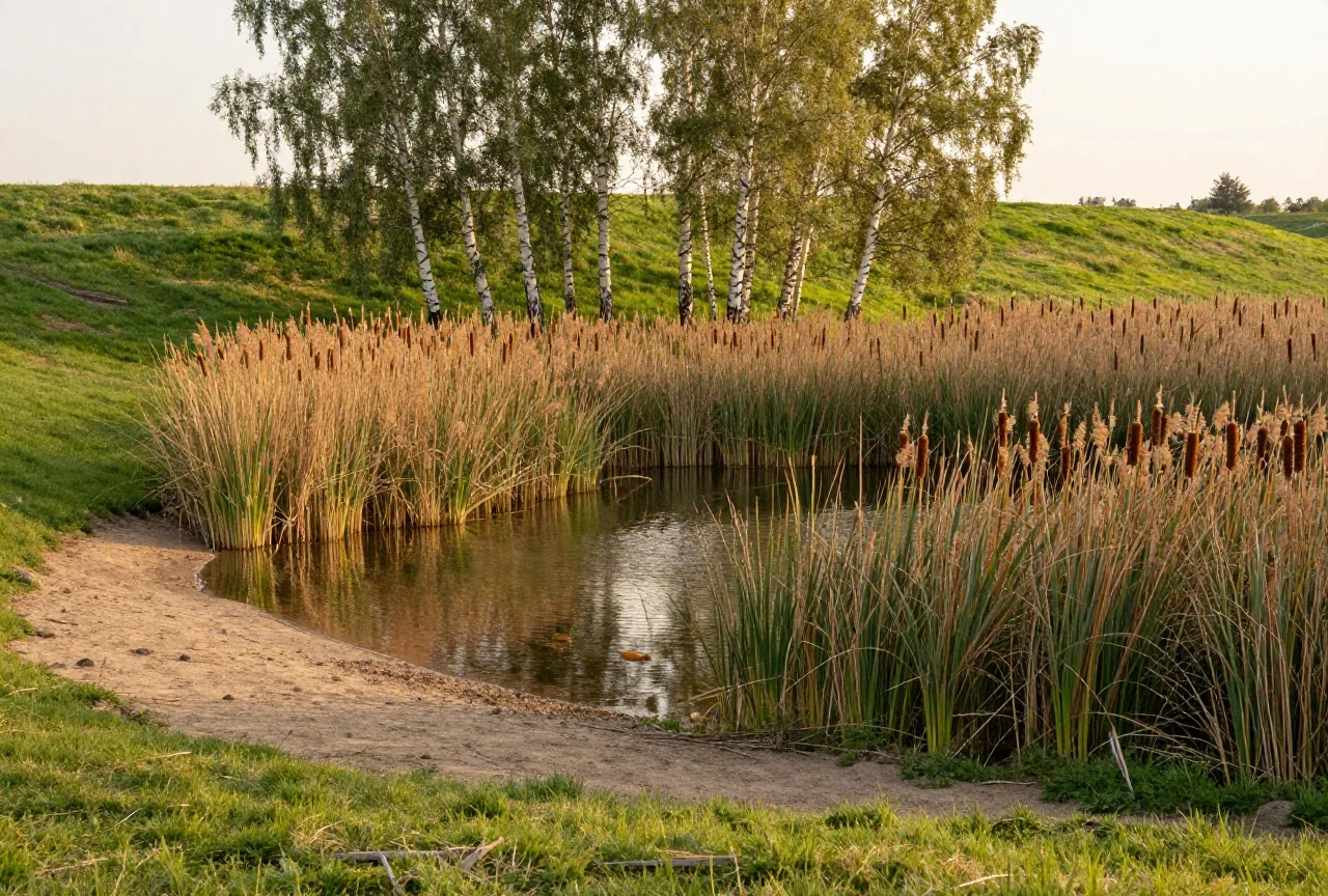 Ein ruhiger Teich im Schilf mit Rohrkolben, dahinter eine Birkengruppe auf einer flachen Anhöhe im späten Nachmittagslicht
