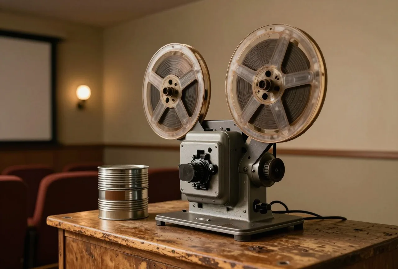 Alter Filmprojektor aus Metall mit zwei Filmspulen in einem dunklen Vorführraum, daneben gestapelte runde Blechdosen für Filmrollen ohne Aufschrift