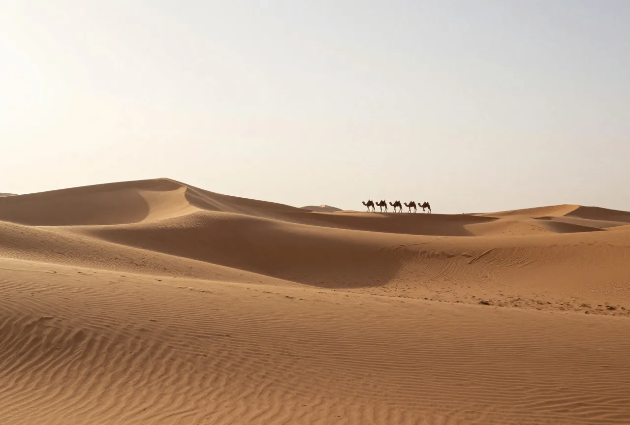 Sanfte Sanddünen in einer Wüste im warmen Nachmittagslicht, in der Ferne eine kleine Reihe Kamele ohne Reiter als dunkle Silhouetten vor einem blassen Himmel