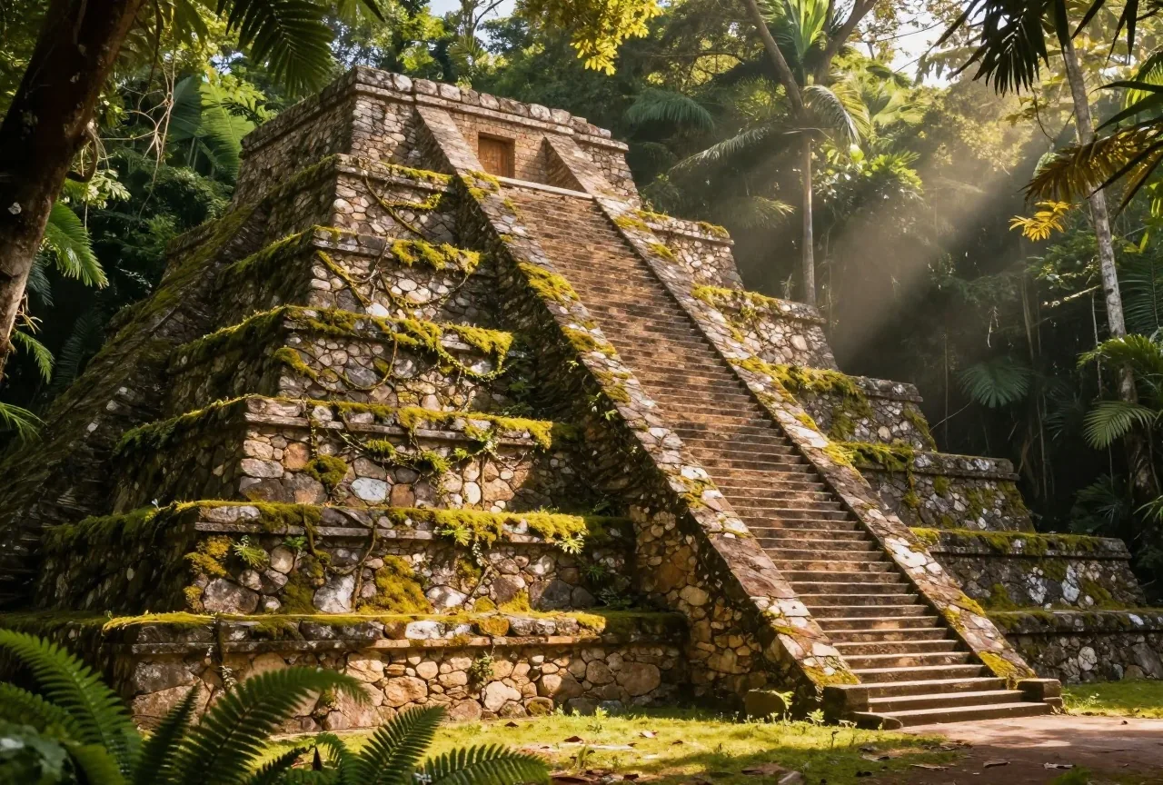 Mit Moos und Lianen bewachsene Stufen einer alten steinernen Pyramide in einem dichten tropischen Wald, Sonnenstrahlen fallen schräg durch das Blätterdach